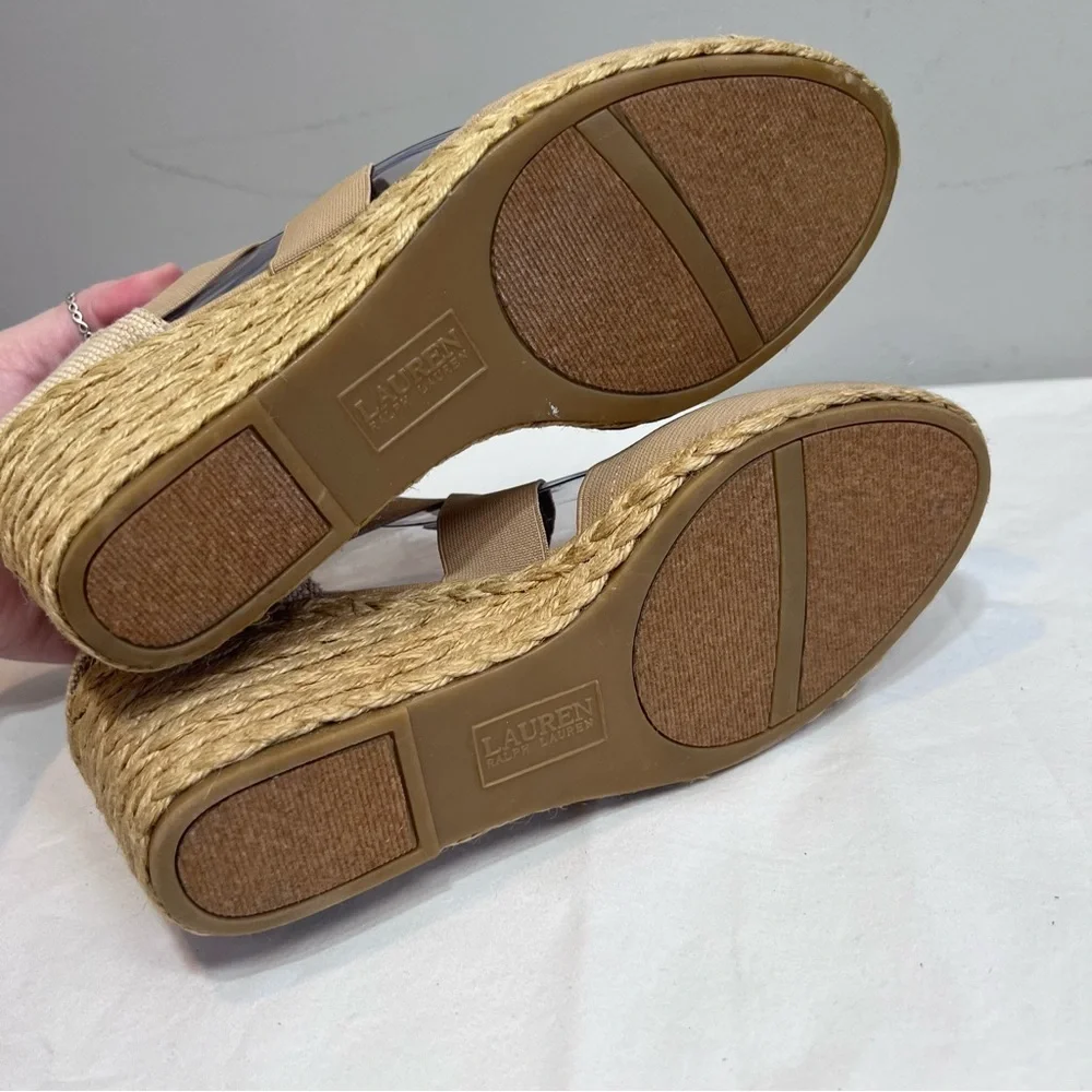 Ralph Lauren Collins tan elastic cross strap espadrille wedge dress shoes 9.